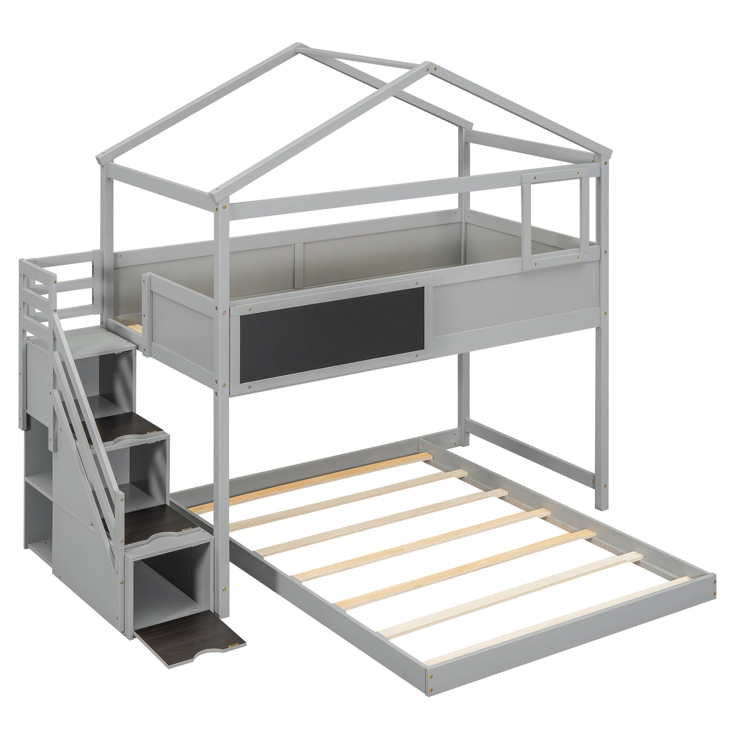 Twin over Full House Bunk Bed with Storage Staircase and Blackboard, Gray Finish