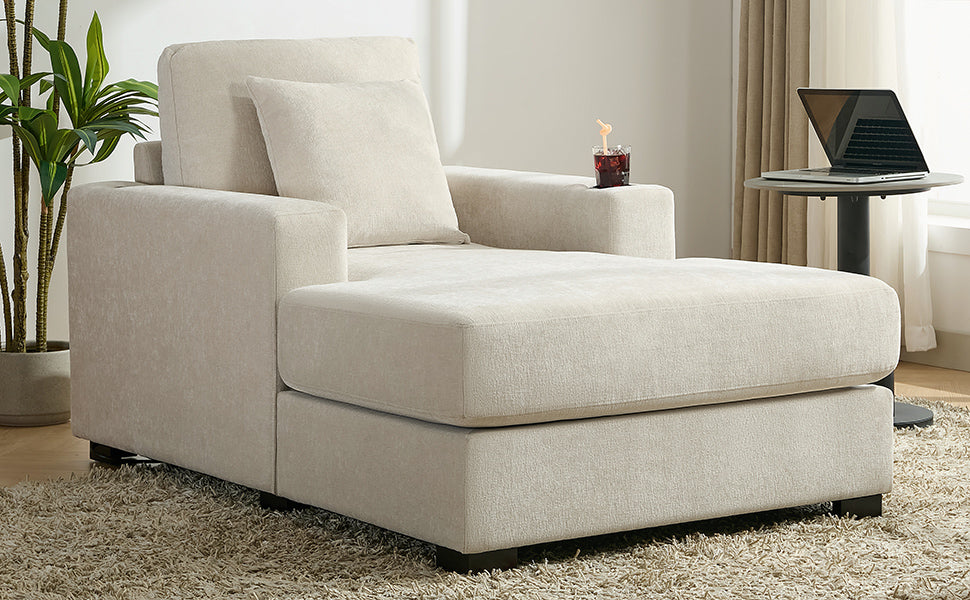 39.7" Oversized Chaise Lounger with Pillows, Charge Station, and Cup Holders, Chenille Fabric in Cream