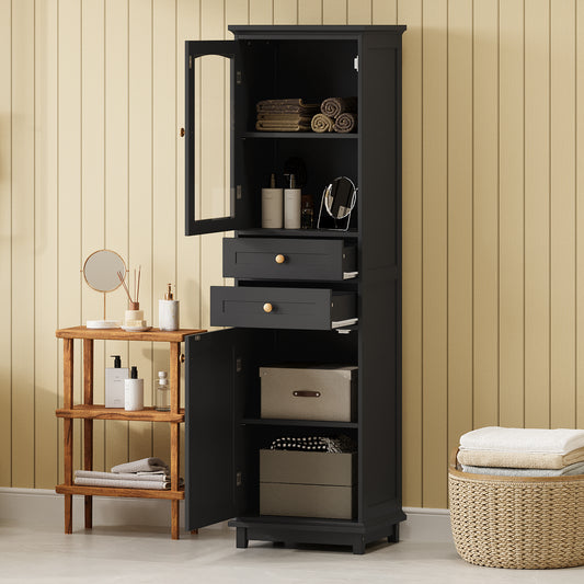 Tall Bathroom Storage Cabinet with Glass Doors, Free-Standing, Two Drawers, and Adjustable Shelves, MDF Board, Painted Black