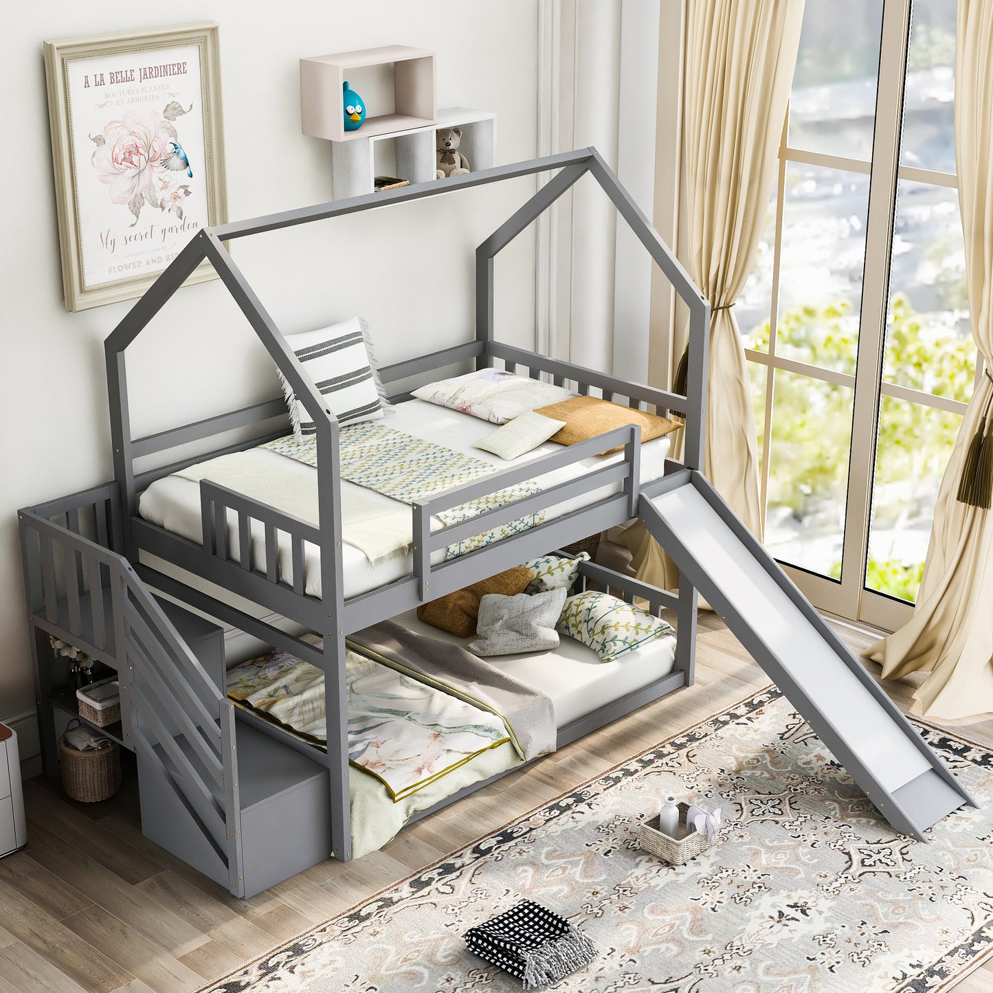 Twin over Twin House Bunk Bed with Convertible Slide and Storage Staircase, Gray Finish