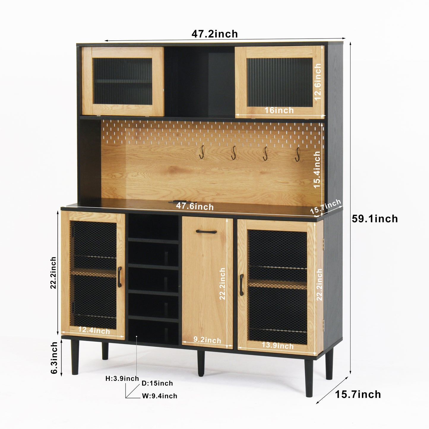 buffet side cabinet with storage door and power outlet, coffee bar cabinet with wine rack, black and natural colors