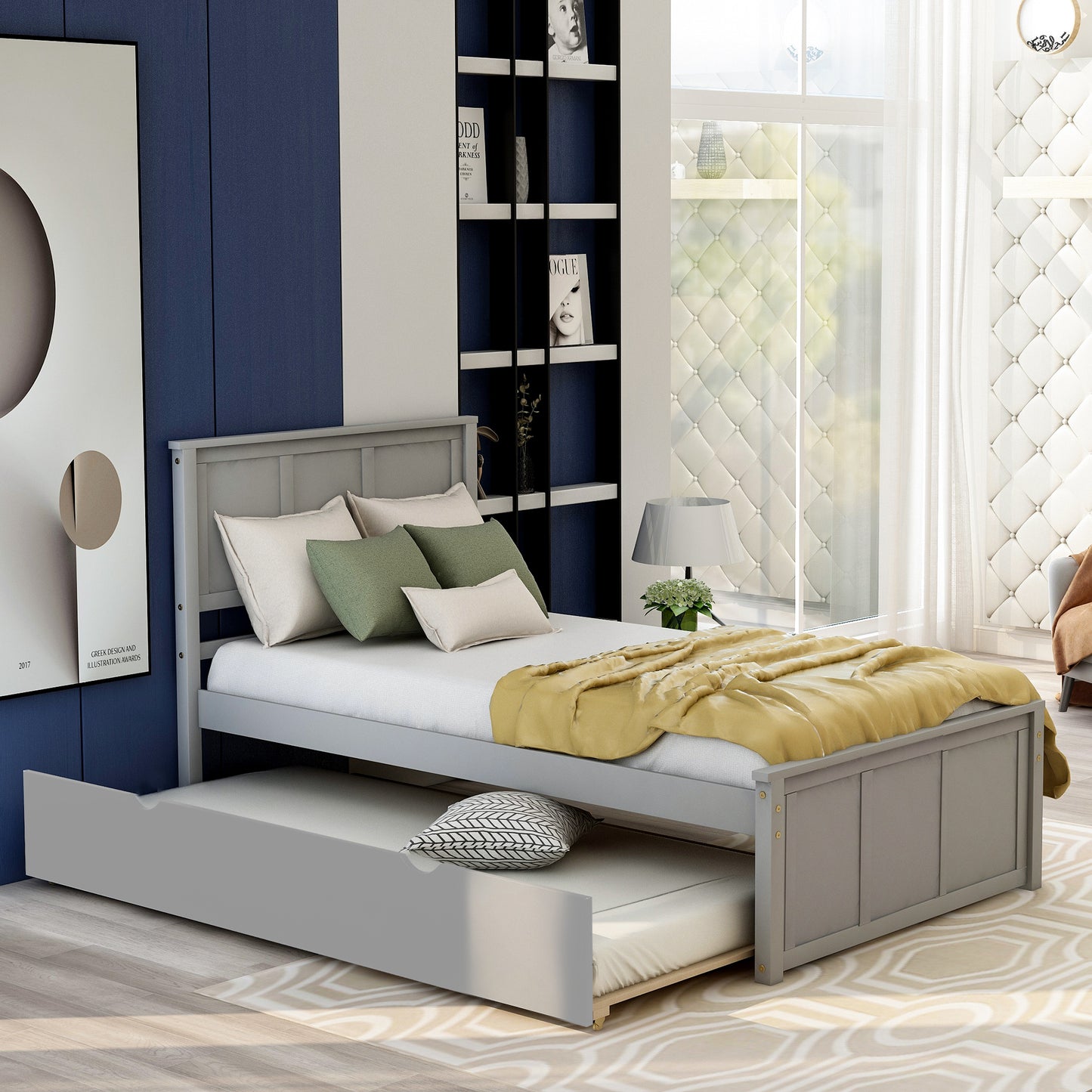 Platform Bed with Twin Size Trundle, Twin Size Frame in Gray Finish