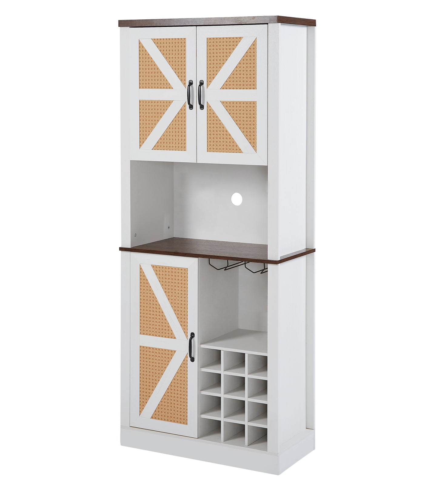 76-Inch Tall Farmhouse Kitchen Faux Rattan Wine Cabinet with Square Compartments and Shelves