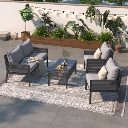 Muebles de exterior con mesa de vidrio templado, asientos profundos con cojines gruesos para patios y porches, color gris