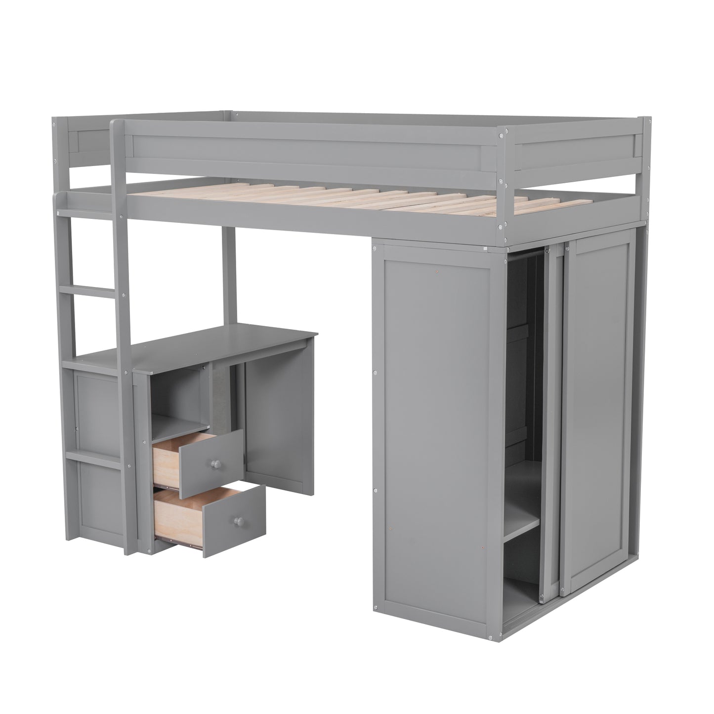 Wood Twin Size Loft Bed with Wardrobes and 2-Drawer Desk with Cabinet Gray