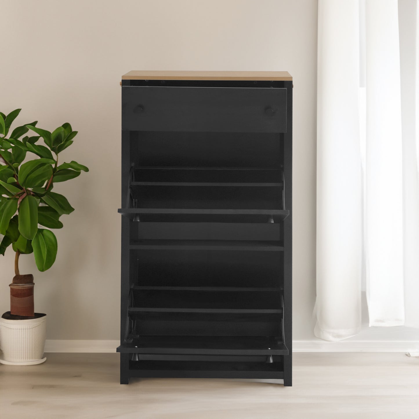 ONTREND with 2 flip drawers, top shoe cabinet with drawers, independent shoe rack with adjustable panel, for hallway use, black