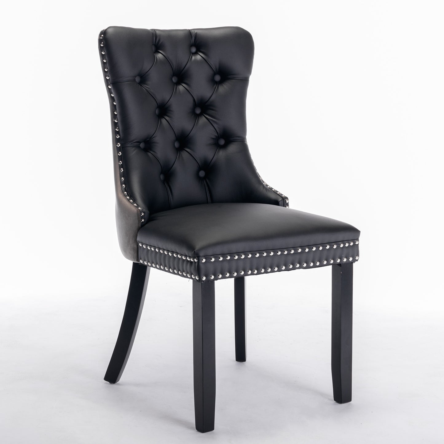 Tufted Solid Wood Contemporary PU and Velvet Upholstered Dining Chair with Wood Legs Nailhead Trim 2-Pcs Set Black+Gray