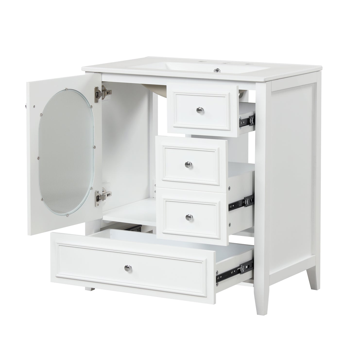 Bathroom Vanity with Sink, Bathroom Vanity Cabinet with Three Drawers and Door, Solid Wood and MDF, White