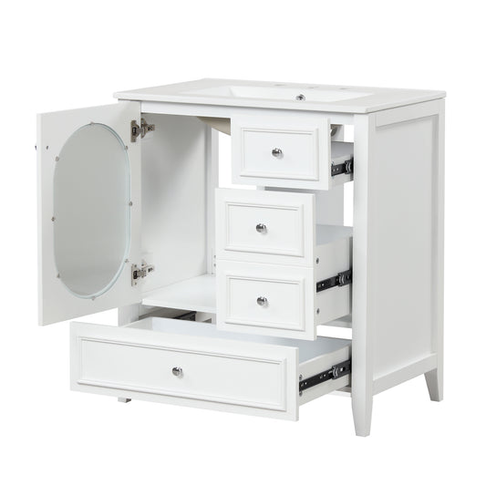 Bathroom Vanity with Sink, Bathroom Vanity Cabinet with Three Drawers and Door, Solid Wood and MDF, White