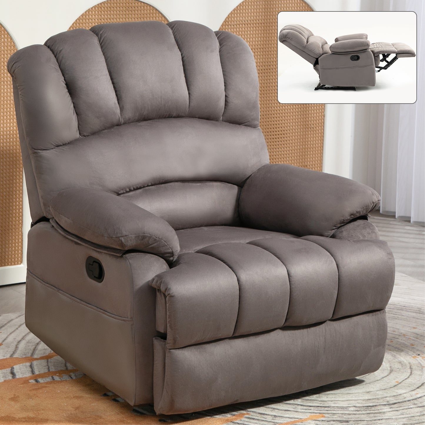 Large Manual Recliner Chair in Fabric, Comfortable Design for Living Rooms, Grey