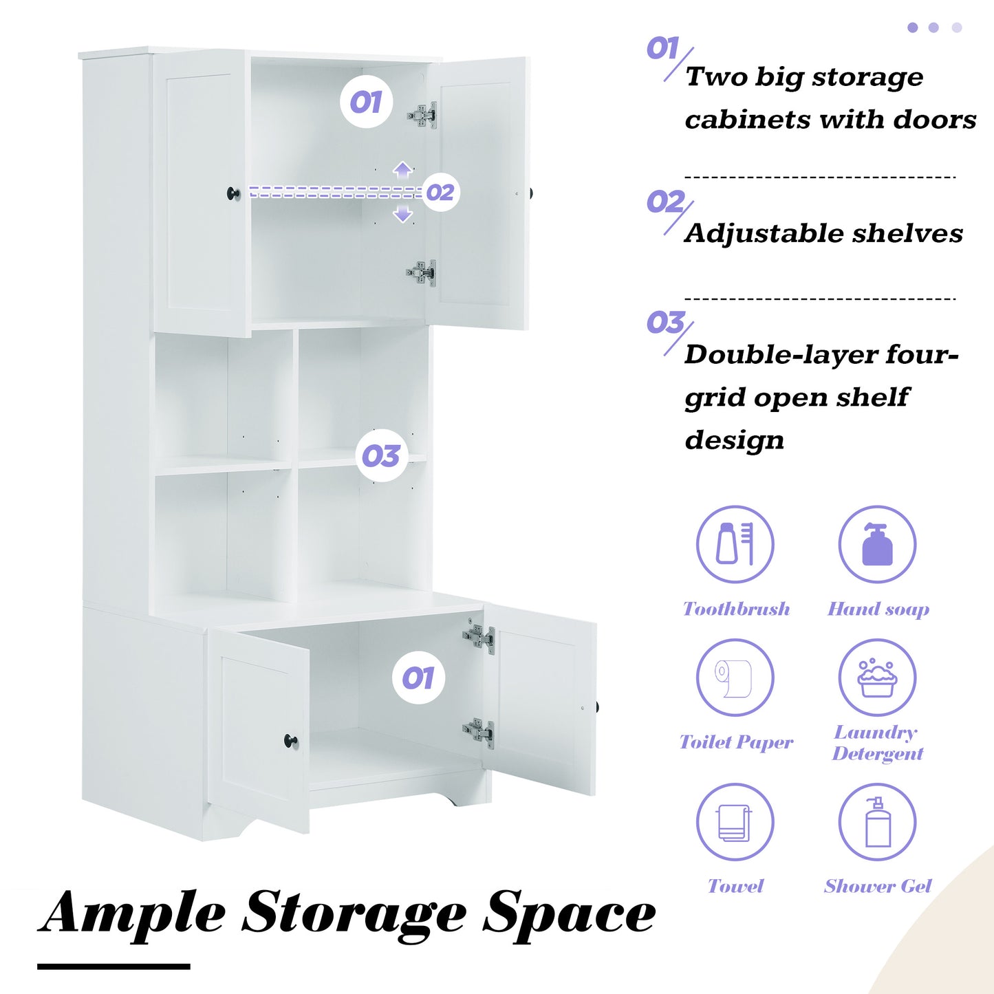 Bathroom storage cabinet, 4-door independent cabinet, adjustable shelf, open multi-layer shelf, white