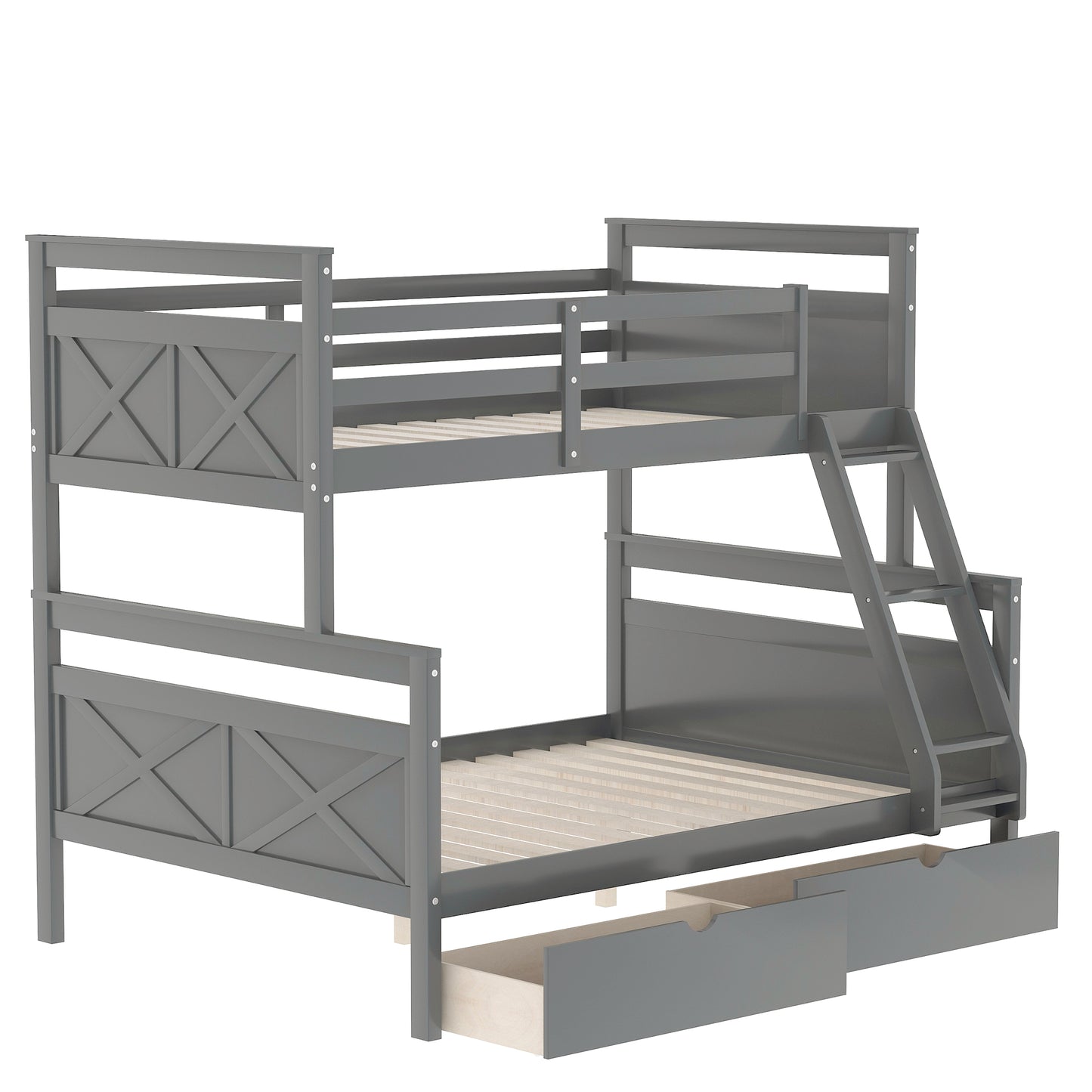 Twin over Full Bunk Bed with Ladder Two Storage Drawers  Safety Guardrail  Gray