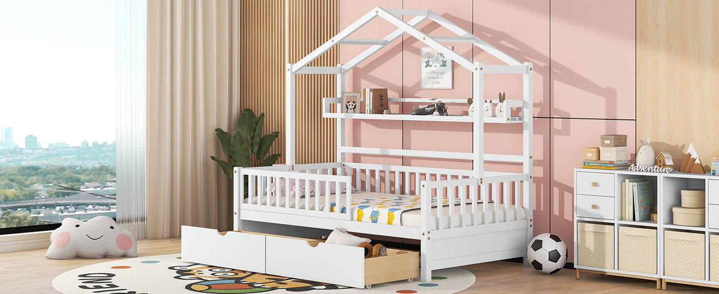 Wooden Twin Size House Bed with 2 Drawers Kids Bed with Storage Shelf White