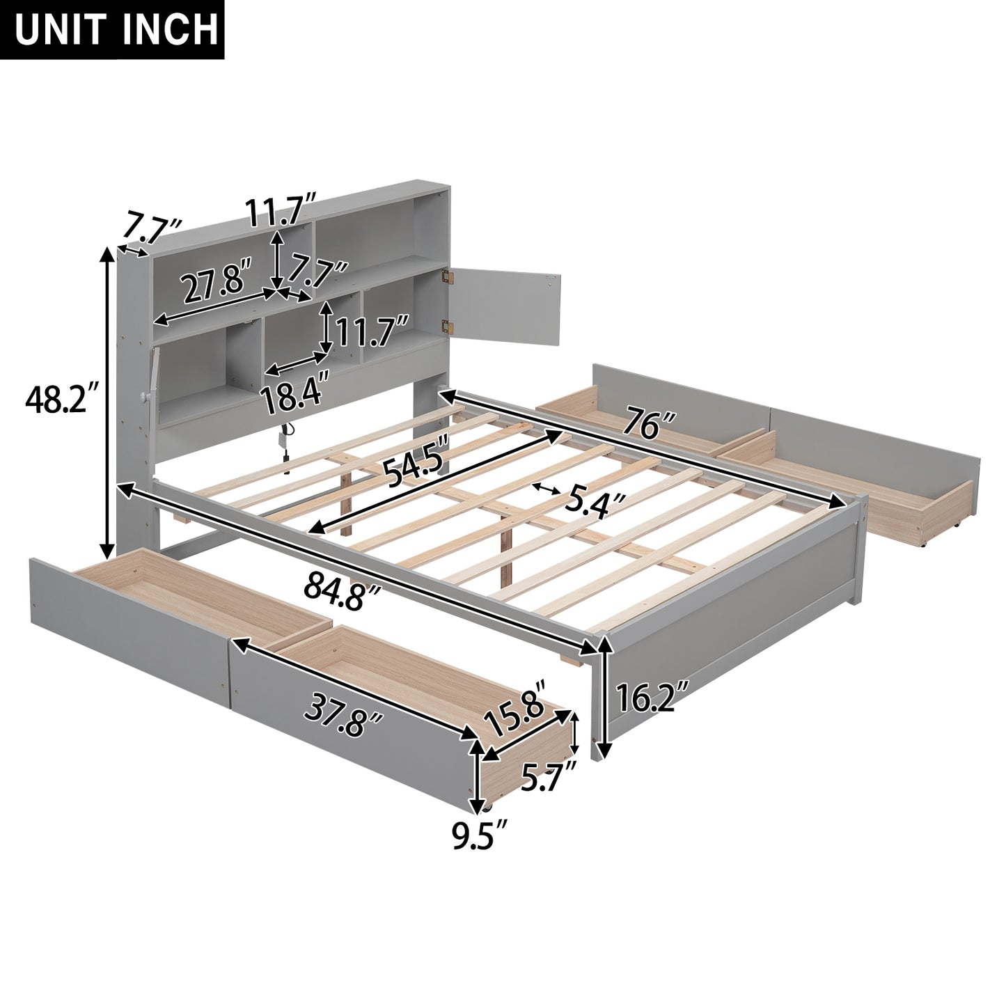 Full Size Platform Bed with Storage Headboard, Charging Station and 4 Drawers, Gray