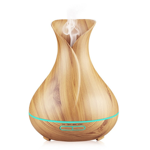 Humidificador ultrasónico estilo jarrón de tulipán, 14 W, 400 ml, difusor de aceites esenciales de aromaterapia con vapor frío y veta de madera