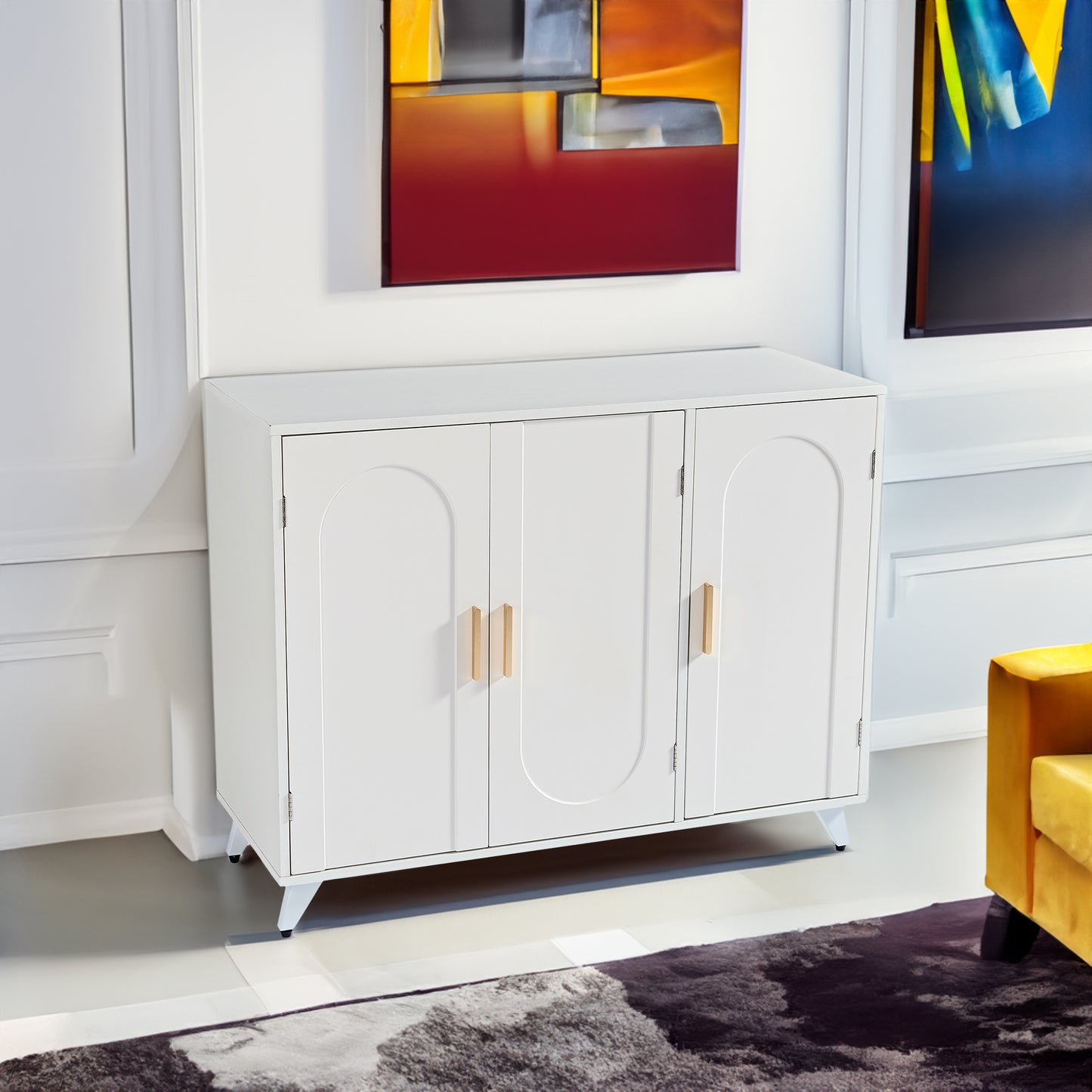 Sideboard Buffet Cabinet with 3 Doors and Removable Shelves, Ivory White Finish for Living and Dining Rooms