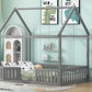 Full Size Wood House Bed with Fence and Door, Gray