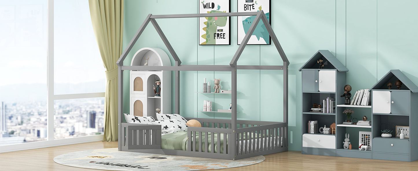 Full Size Wood House Bed with Fence and Door, Gray