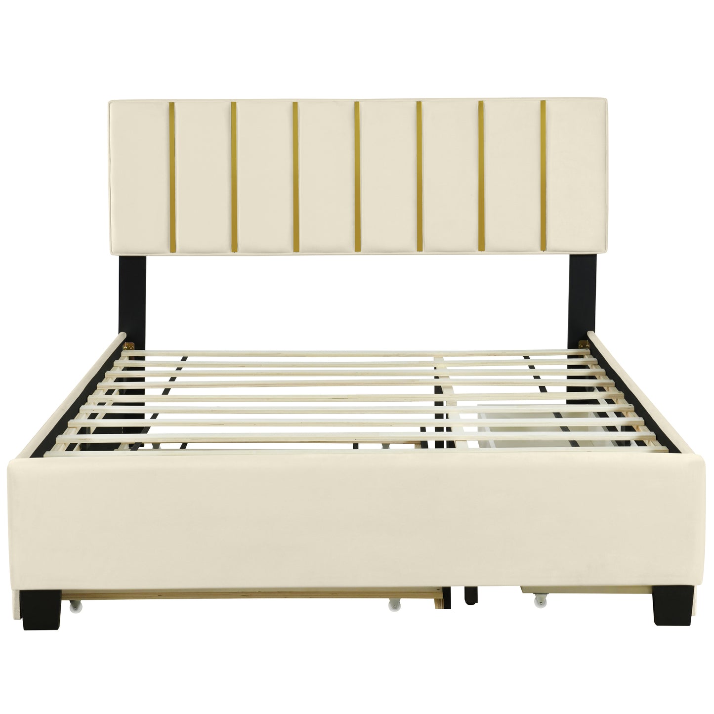 Queen Size Upholstered Platform Bed with 2 Drawers and 1 Trundle, Classic Metal Strip Headboard Design, Beige