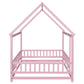 Full Size Floor Wooden Bed with House Roof Frame, Fence Guardrails ,Pink