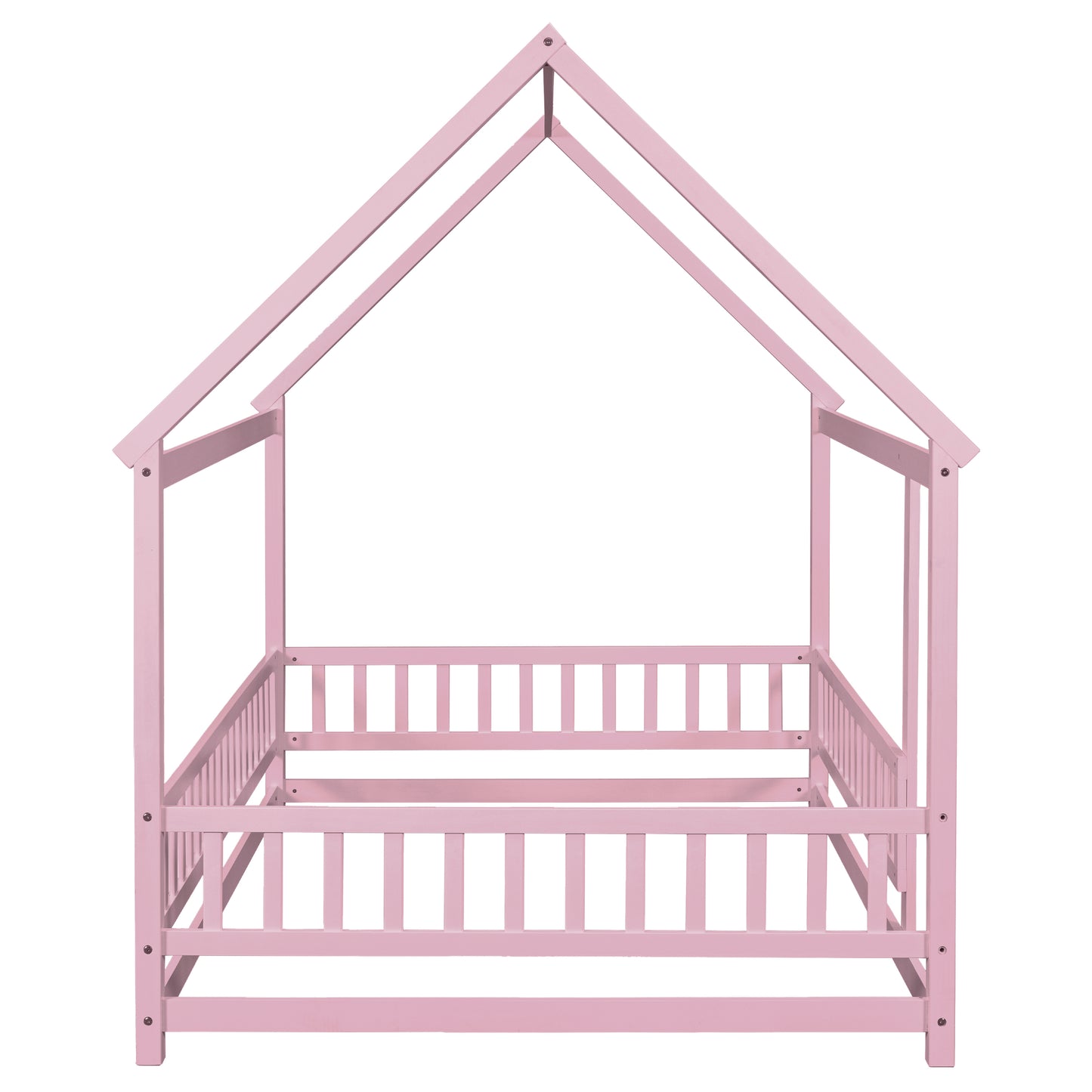 Full Size Floor Wooden Bed with House Roof Frame, Fence Guardrails ,Pink