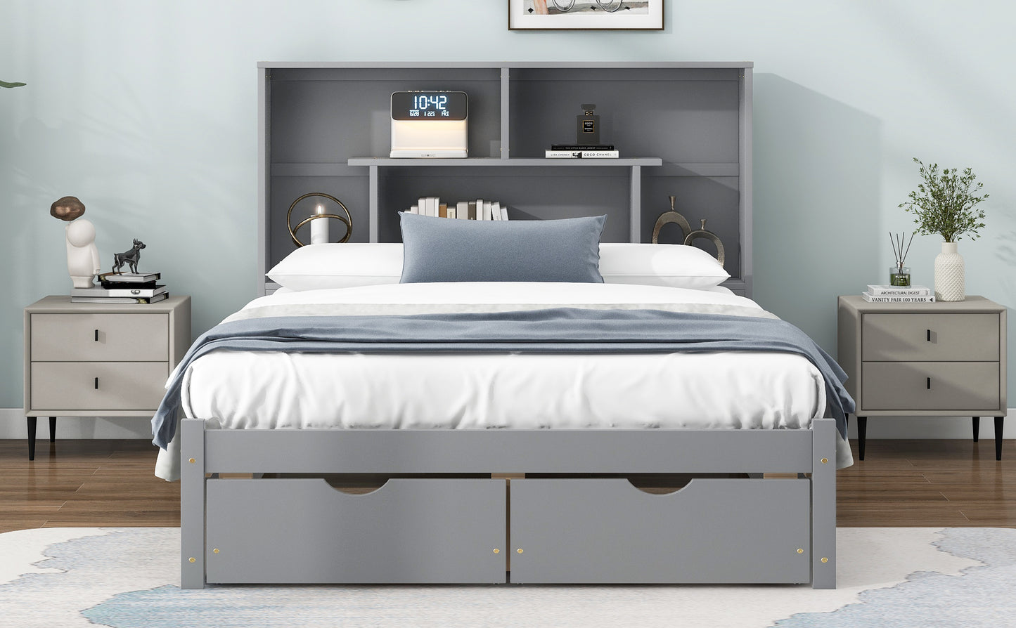 Full Size Platform Bed with Storage Headboard and 2 Drawers, Gray