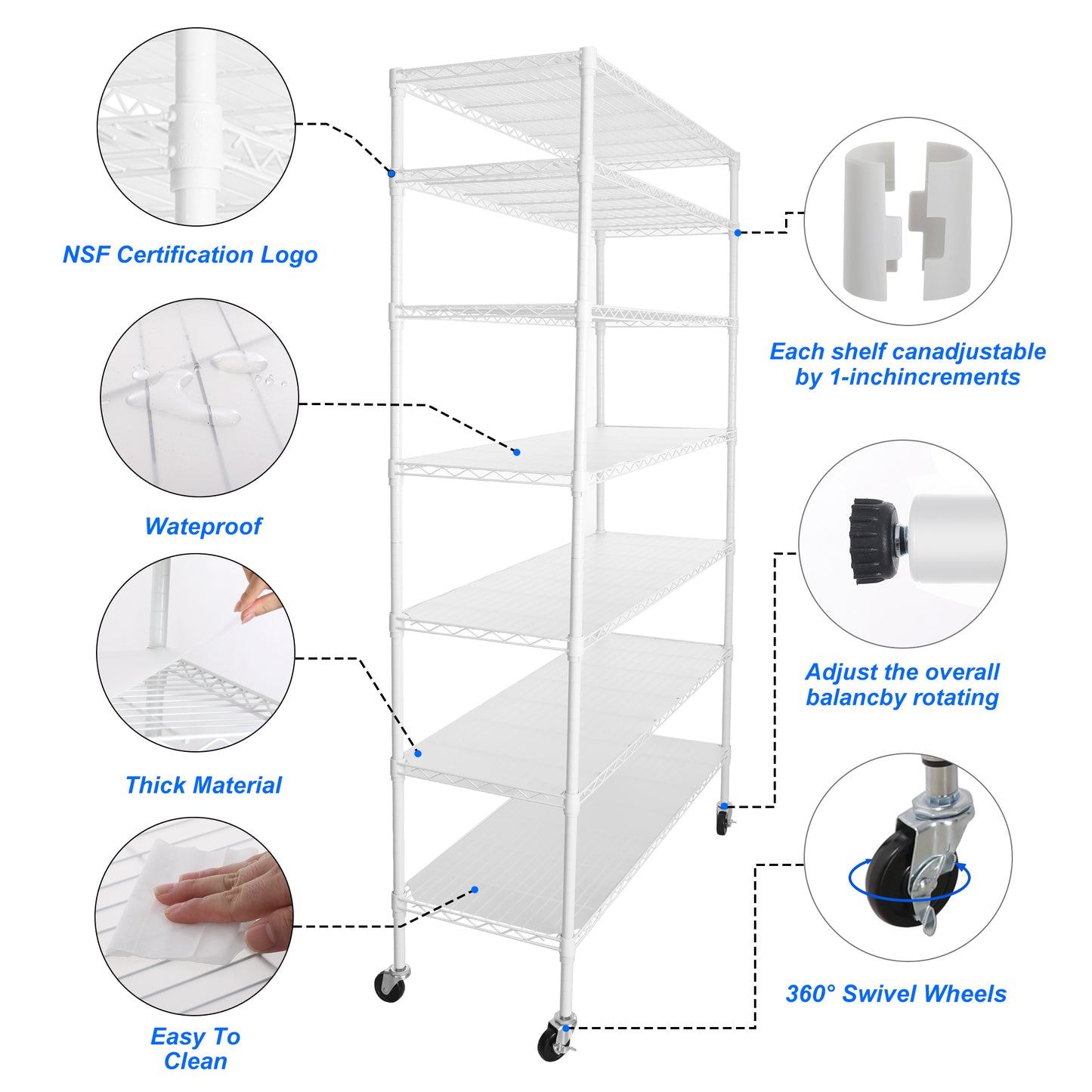 7 Tier Wire Shelving Unit 2450 LBS NSF Height Adjustable Metal Garage Storage Shelves with Wheels White