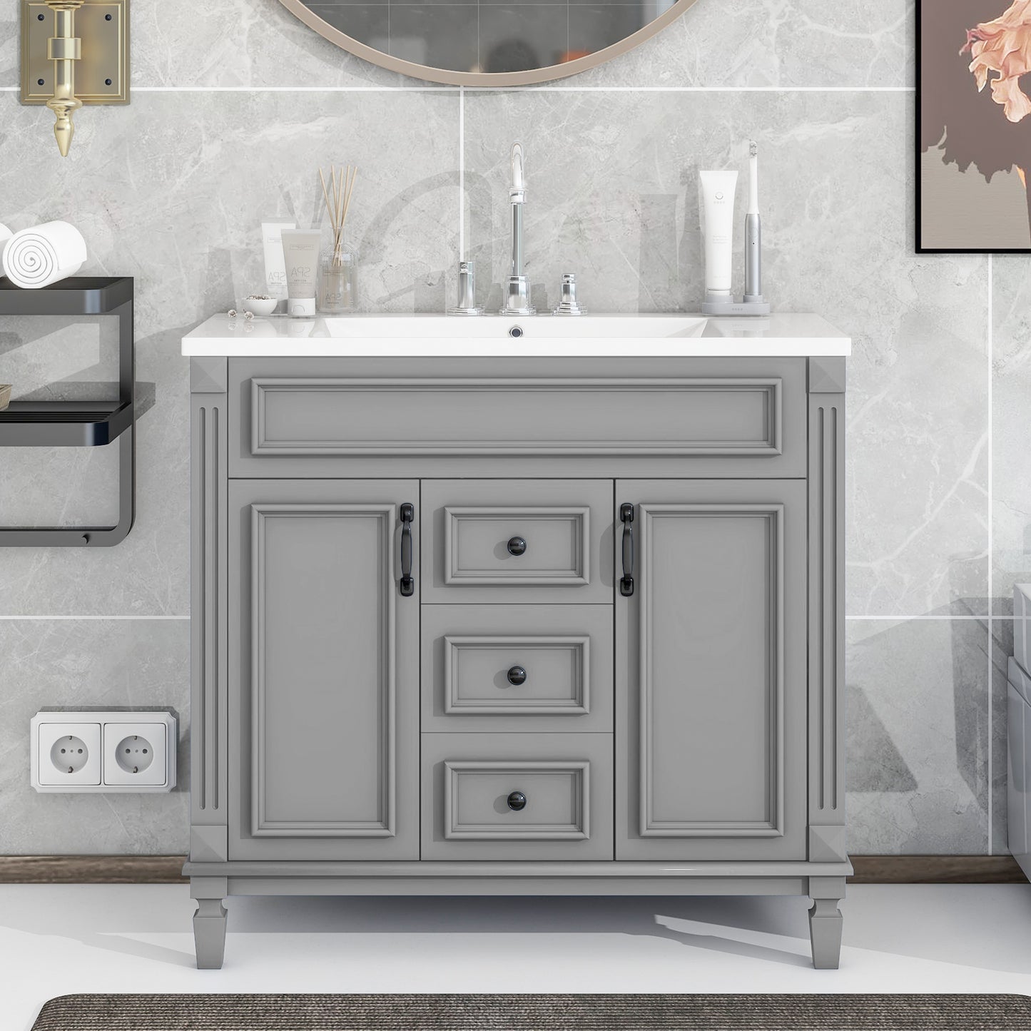 36" Bathroom Vanity with Top Sink, Modern Storage Cabinet with 2 Soft-Closing Doors and 2 Drawers