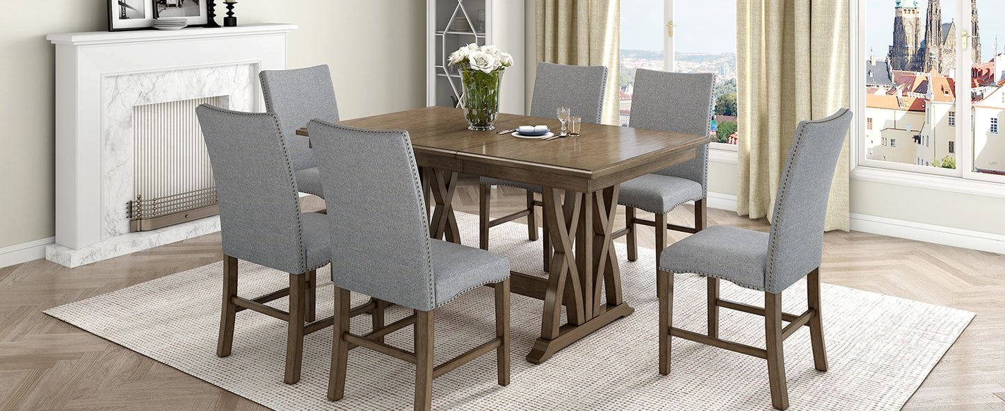 TOPMAX Mid-Century Solid Wood 7-Piece Expandable Dining Table Set with Soft Cushioned Chairs, Gold Brown and Gray