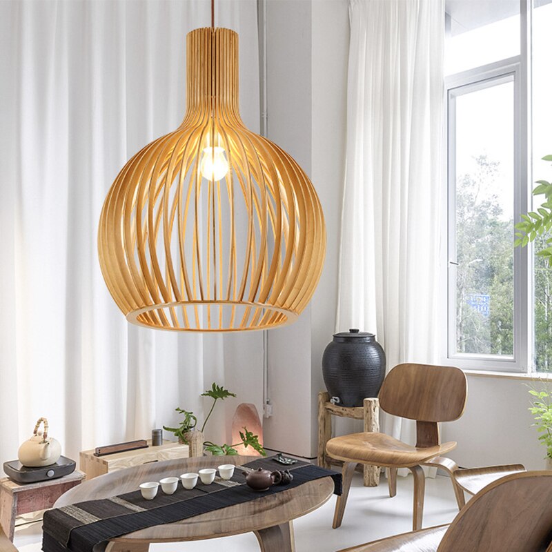 Birdcage Lamp Black Wood Pendant Lights E27 Restaurant Decoration Wood Hanging Lamp for Living Room Bedroom Light Fixtures