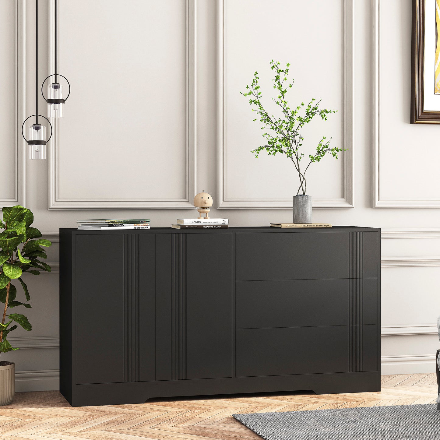 Modern kitchen buffet lockers with storage space, drawers and doors, and a large coffee bar with adjustable kitchen shelves