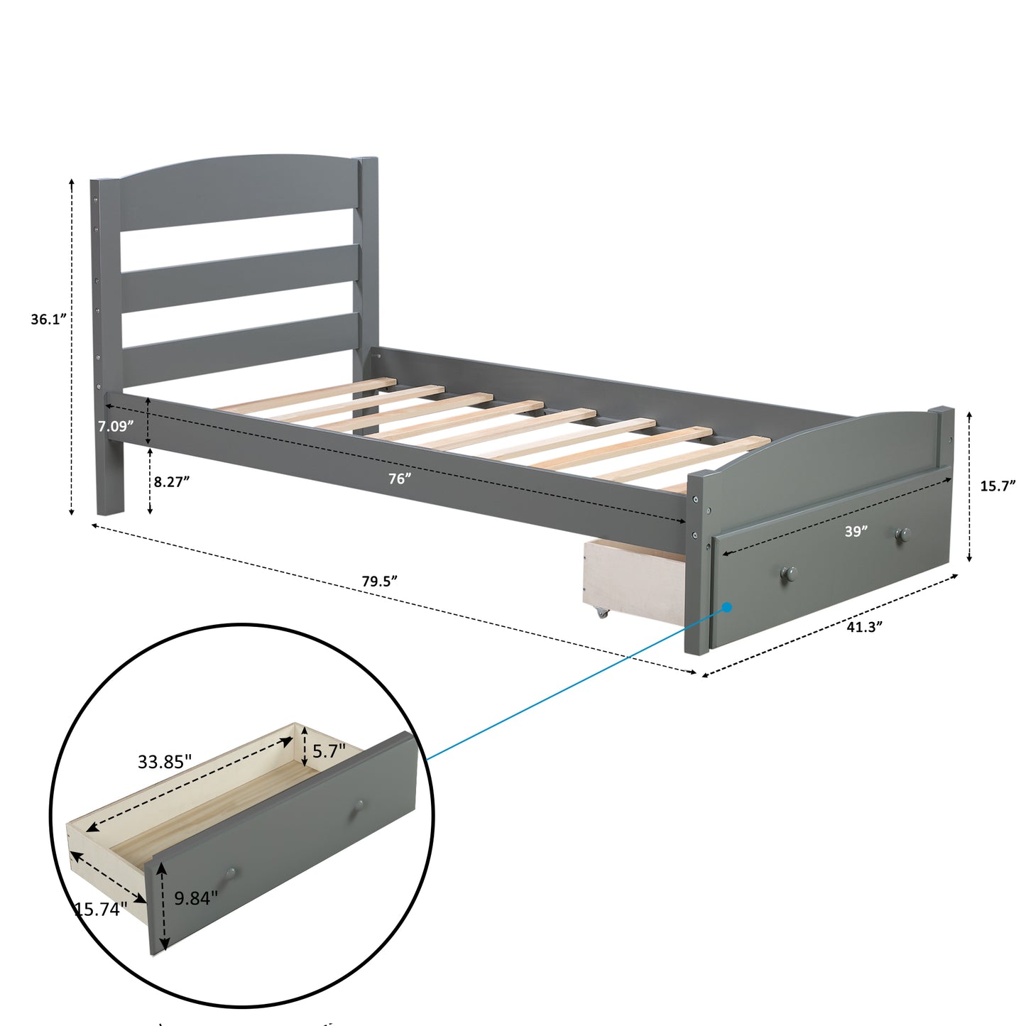 Platform Twin Bed Frame with Storage Drawer and Wood Slat Support No Box Spring Needed Gray