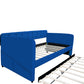 Blue padded twin beds with wheels, velvet fabric, no need for springs