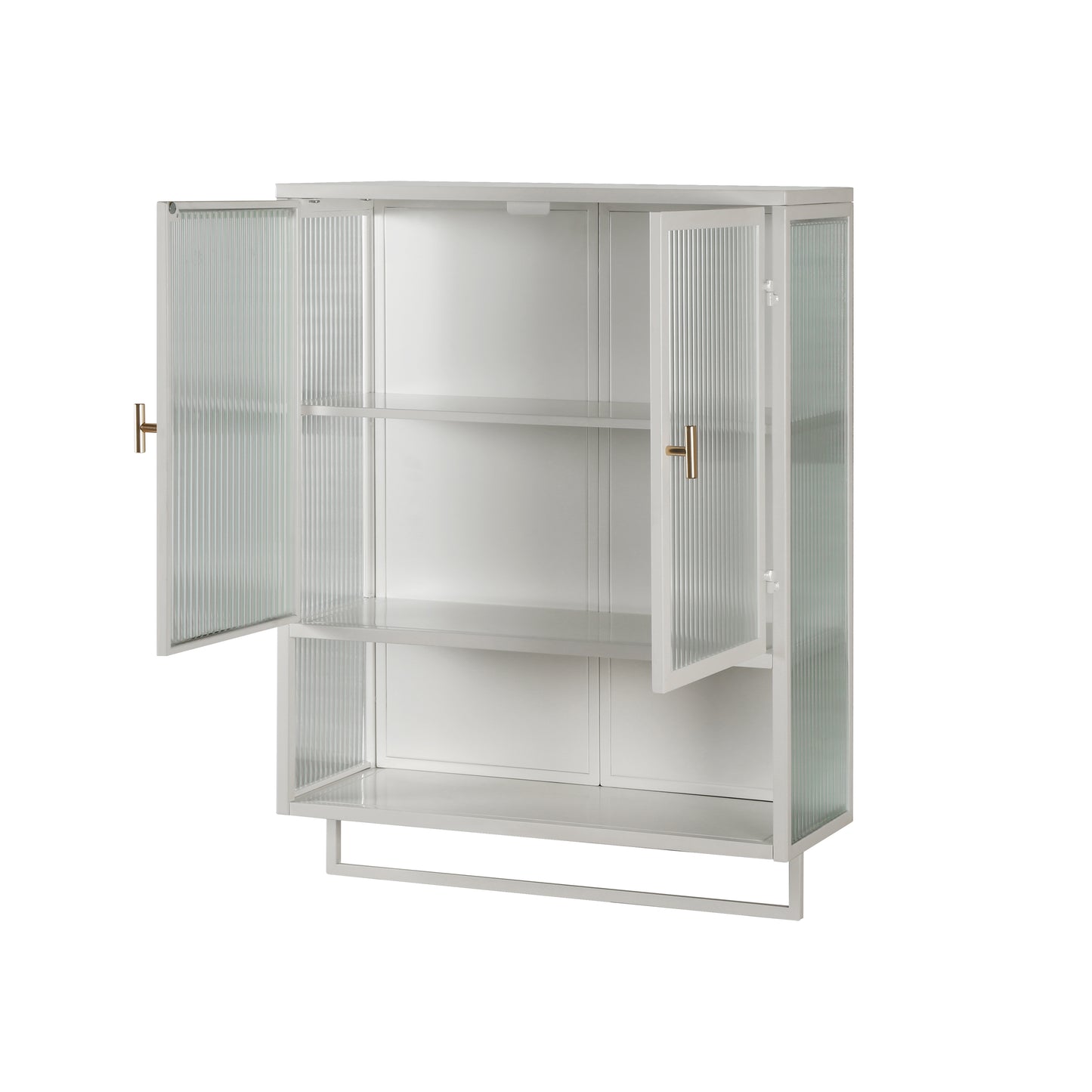 Glass Doors Modern Two-door Wall Cabinet with Featuring Two-tier Enclosed Storage an Open Shelf and Towel Rack