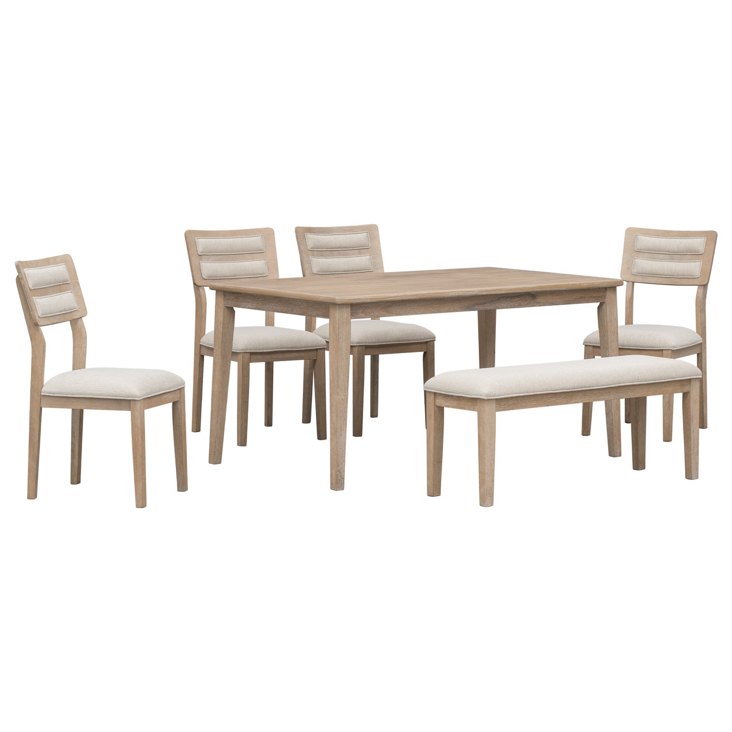 Juego de comedor clásico TREXM de 6 piezas con mesa, 4 sillas tapizadas y banco, acabado en madera natural