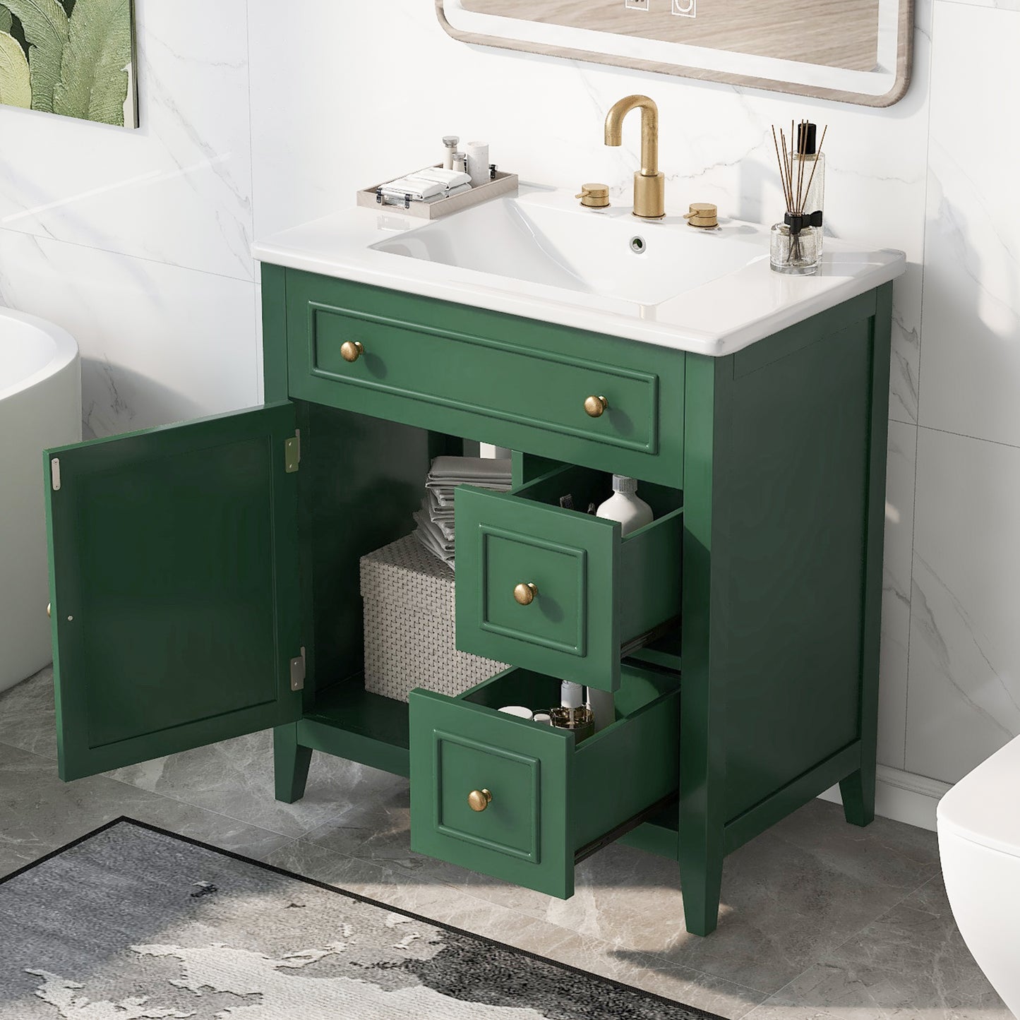 30" Bathroom Vanity with Sink Top, Solid Wood Cabinet with Door and Two Drawers, Green