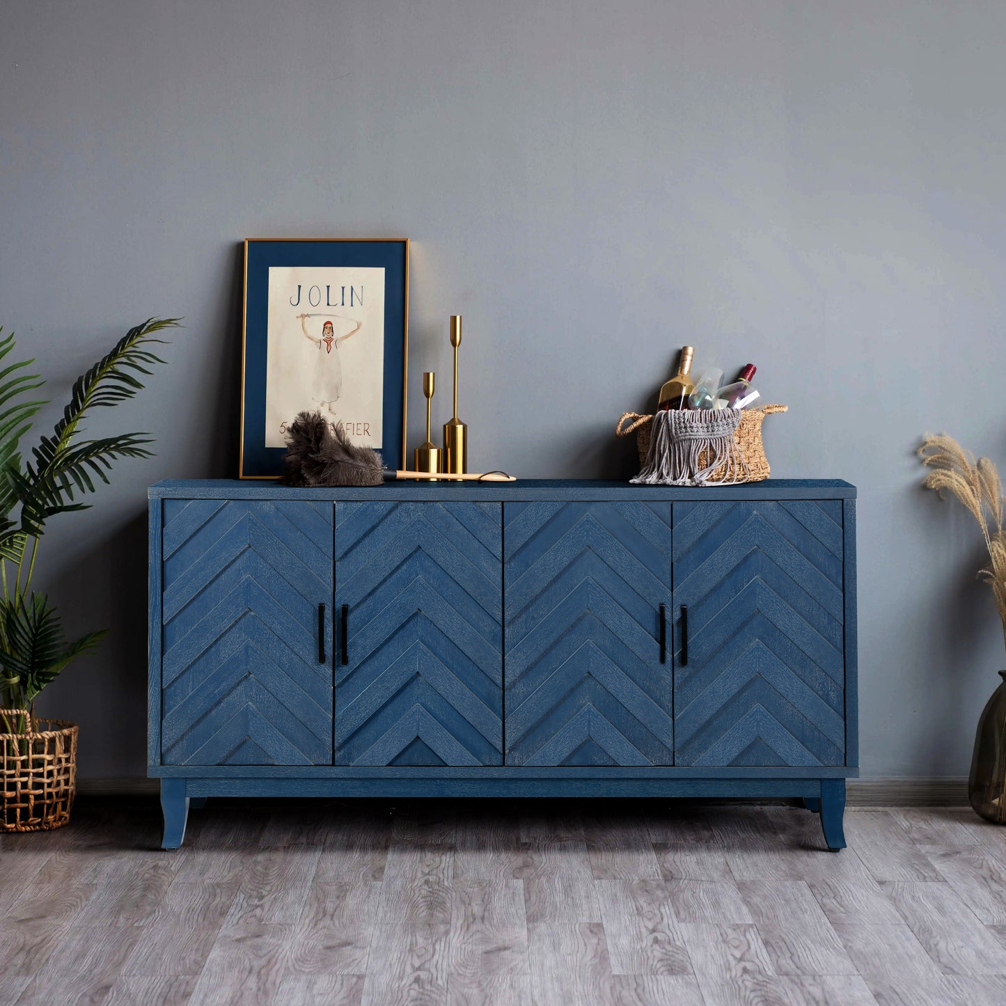 Stronger Vintage Style Buffet Cabinet, Lacquered Accent Storage with 4 Wooden Doors