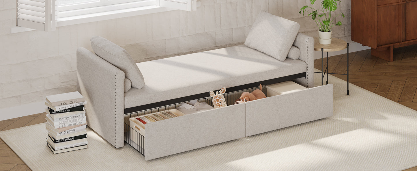 Modern Cushioned Lounge Chair Sofa Bed with 2 Drawers, Linen Fabric in Beige