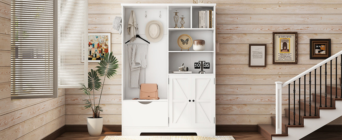 Multi-functional Hall Tree with Storage Shelves Drawers Cabinet Elegant Hallway Shoe Cabinet with Bench Modern Coat Rack White