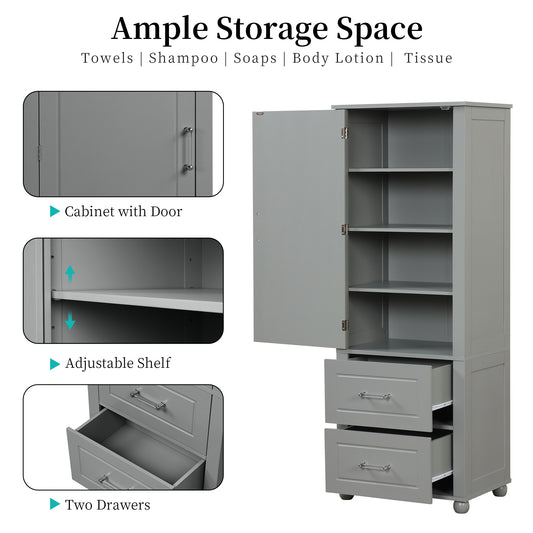 Tall Bathroom Storage Cabinet, Freestanding Storage Cabinet with Two Drawers and Adjustable Shelf, MDF Board , Grey