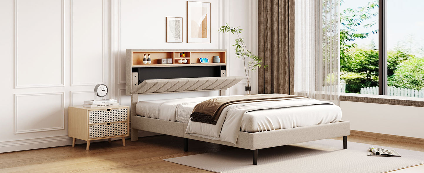 Queen Size Upholstered Platform Bed with Storage Headboard and USB Port Linen Fabric Upholstered Bed (Beige)