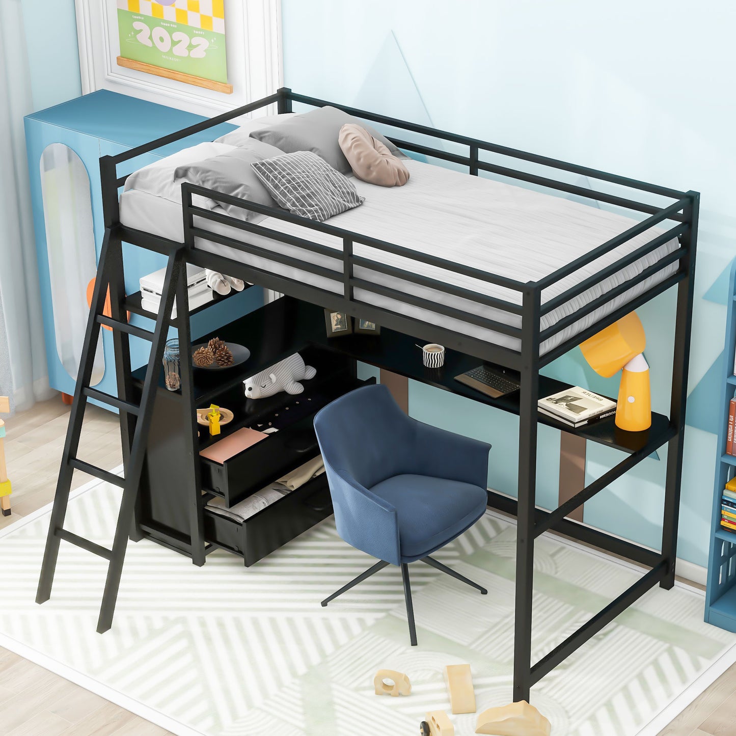 Twin Size Metal&Wood Loft Bed with Desk and Shelves, Two Built-in Drawers, Black