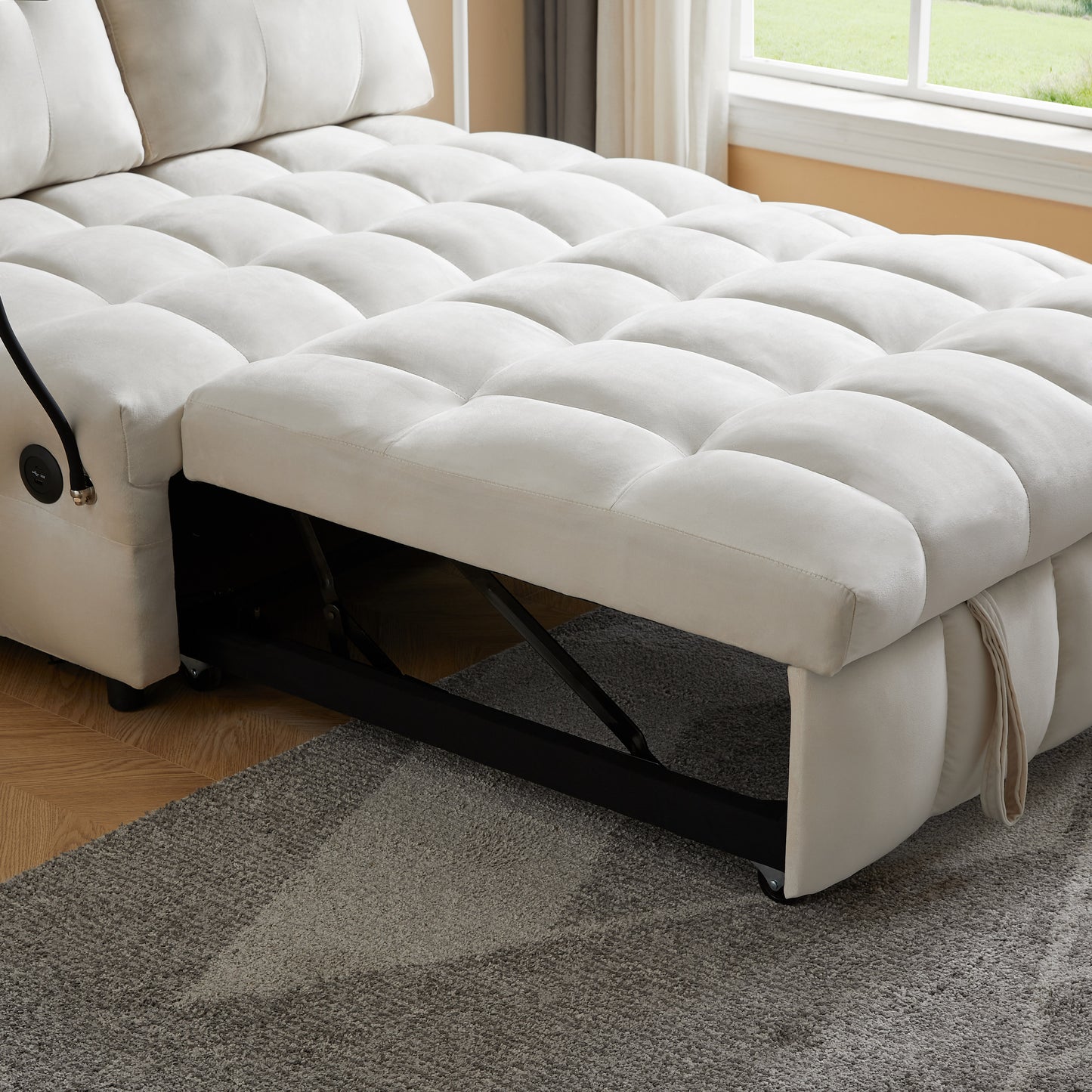 Sofá cama moderno de terciopelo con respaldo extraíble, puerto USB y soporte giratorio para teléfono, color beige