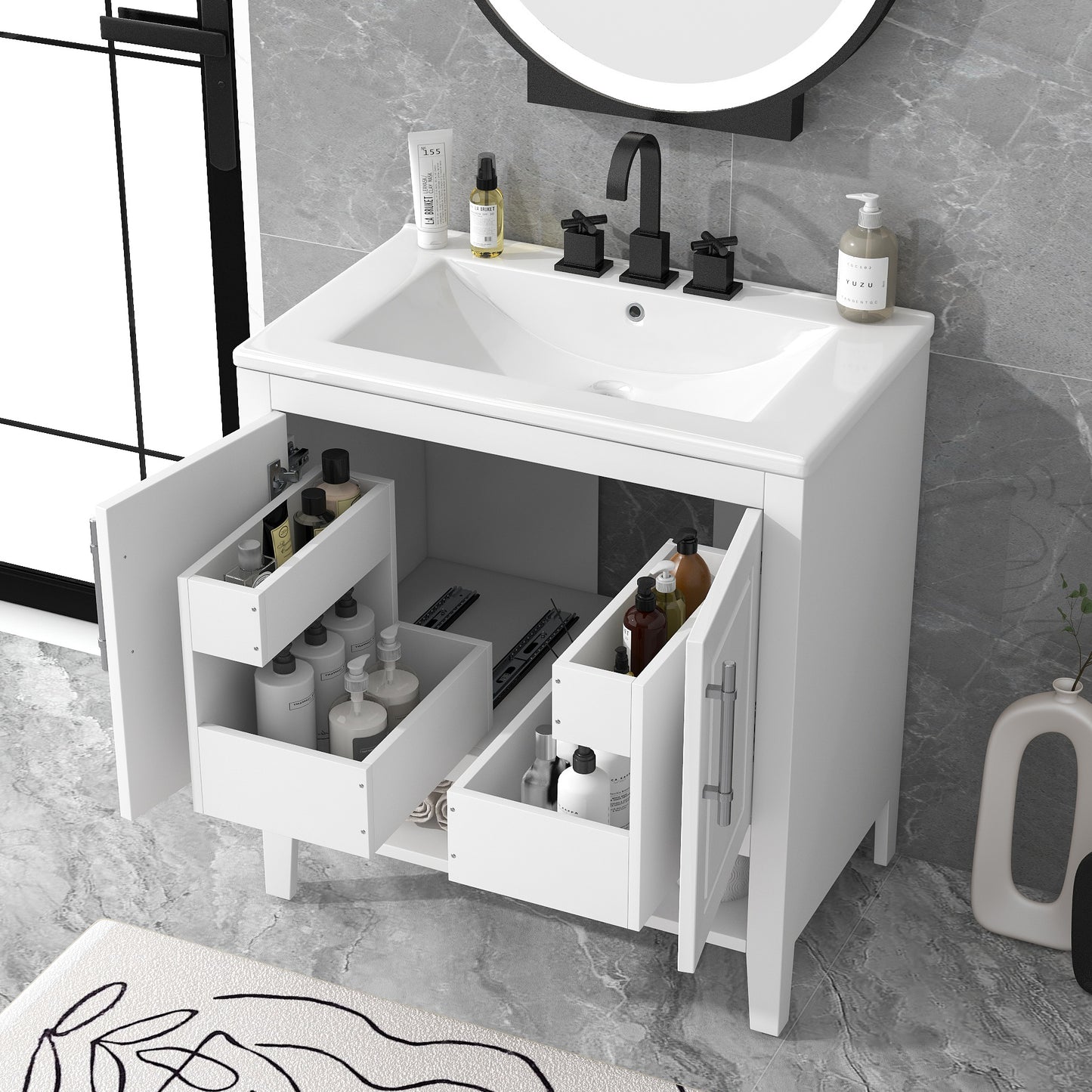 Bathroom Vanity with Sink Multi-functional Bathroom Cabinet with Doors and Drawers Solid Frame and MDF Board, White