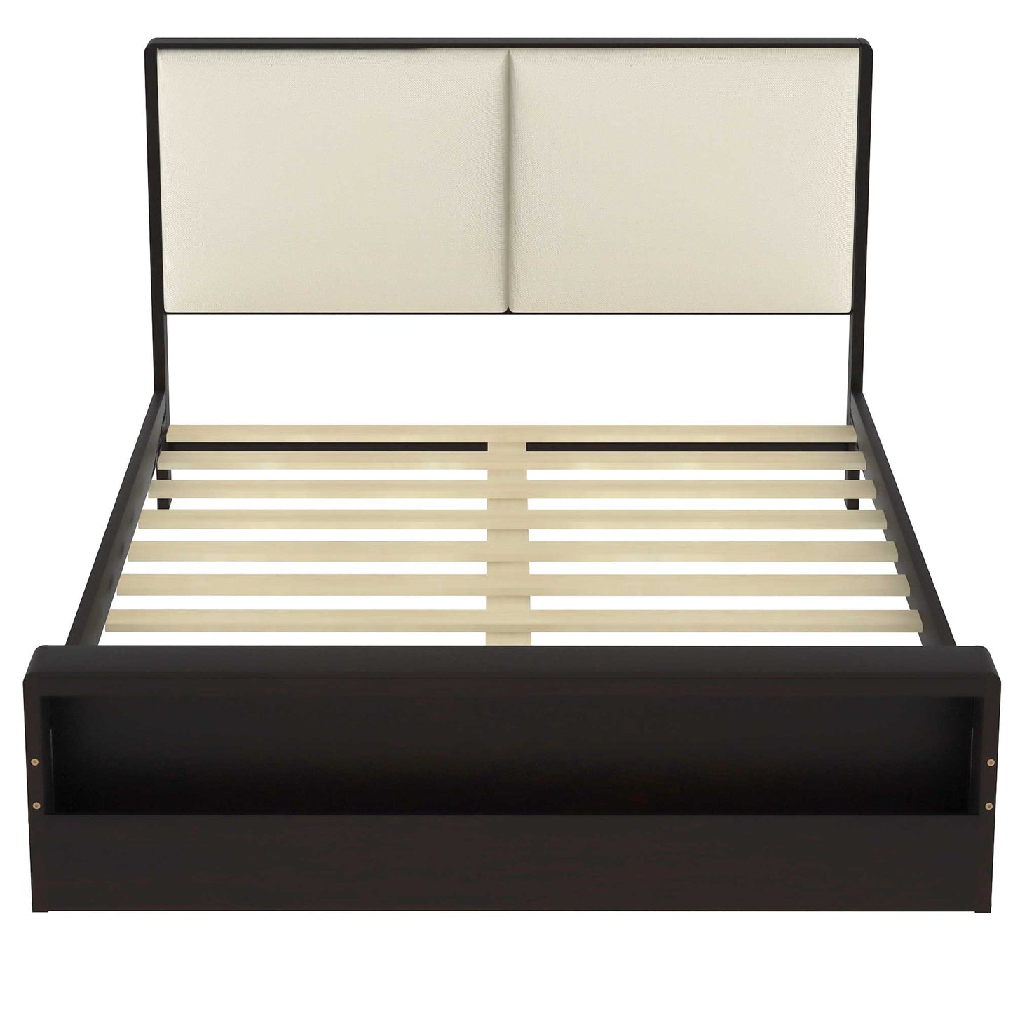 Queen Size Platform Bed Frame with Upholstery Headboard and Bookshelf in Footboard and LED Light Strips, Espresso