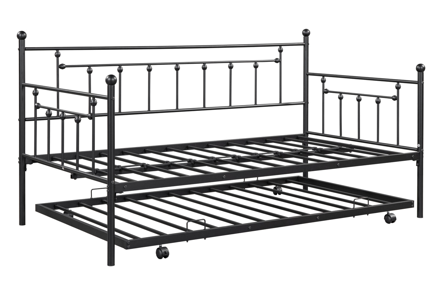 Metal double bed with ear shaft/sturdy/noise reduction/flexible ear shaft/retro style/no need for spring box (Black)