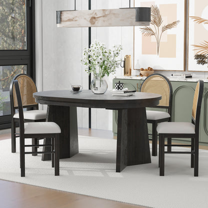 TREXM 5-Piece Retro Dining Set, Expandable Table and 4 Cushioned Chairs with Rattan Backrests, Espresso Finish