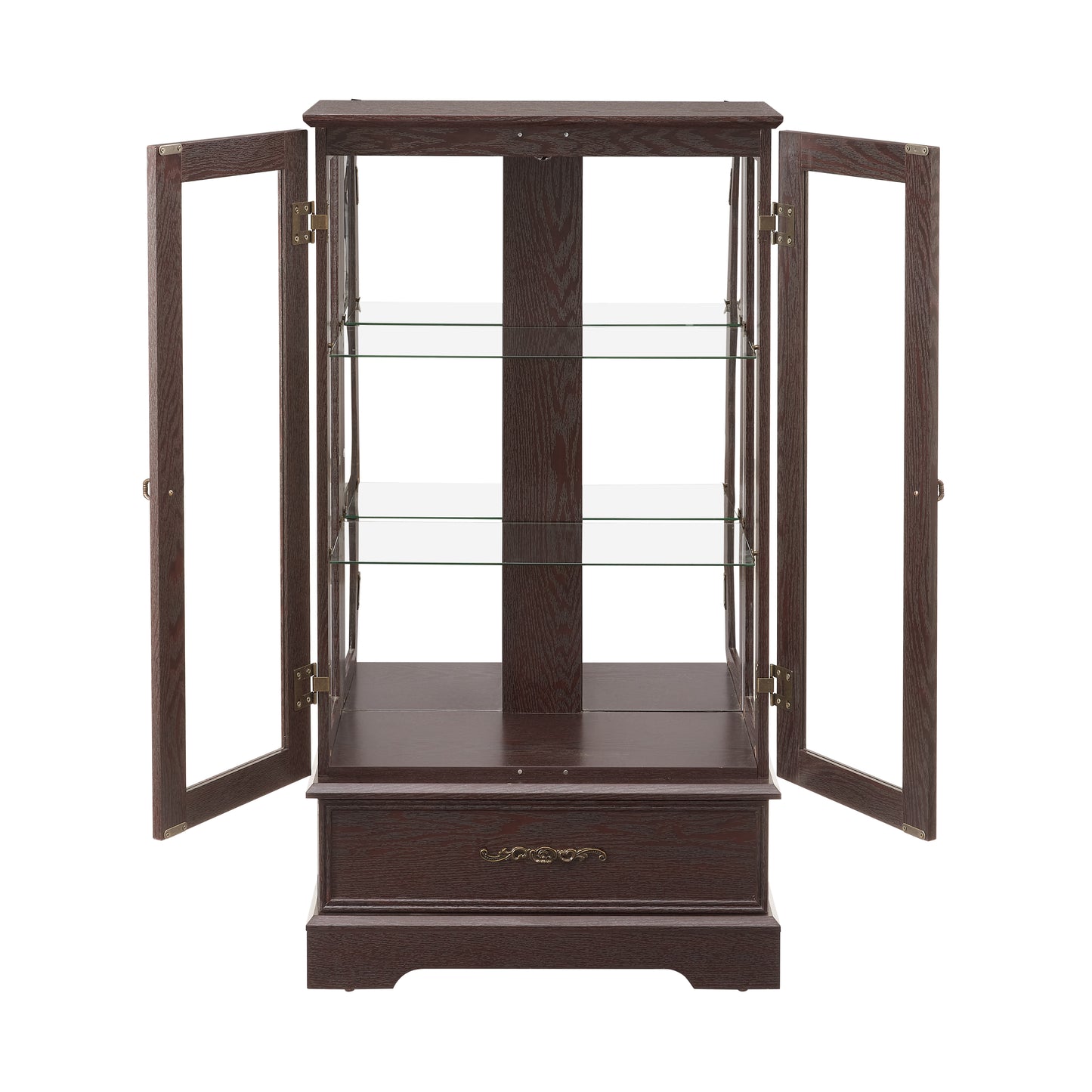 Light colored glass cabinet with adjustable glass frame Curio display cabinet, 2 doors and 1 drawer light bulb cherry color