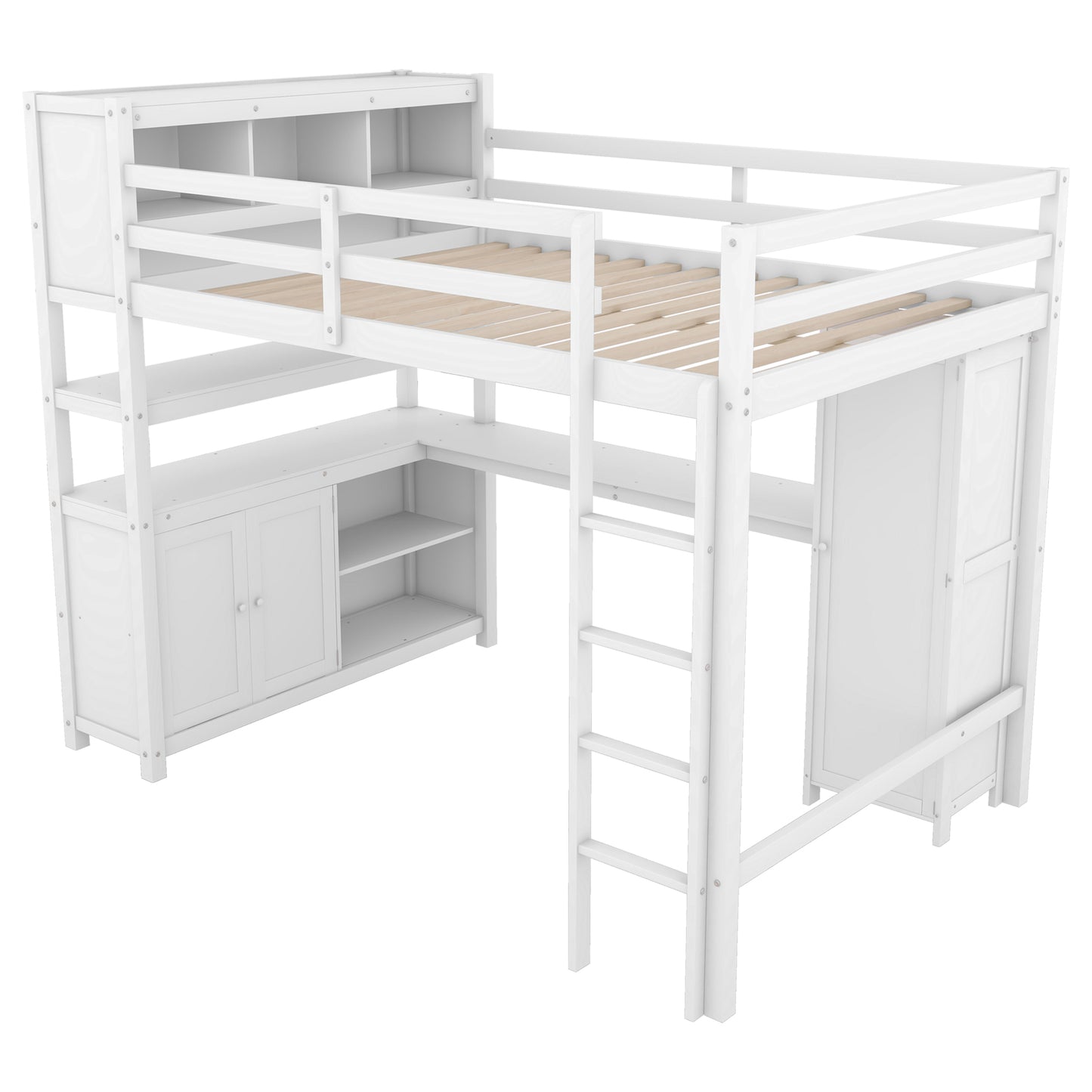 Wood Loft Bed with Cabinet and Bookshelf, Full Size Loft with Wardrobe and Desk for Kids,White