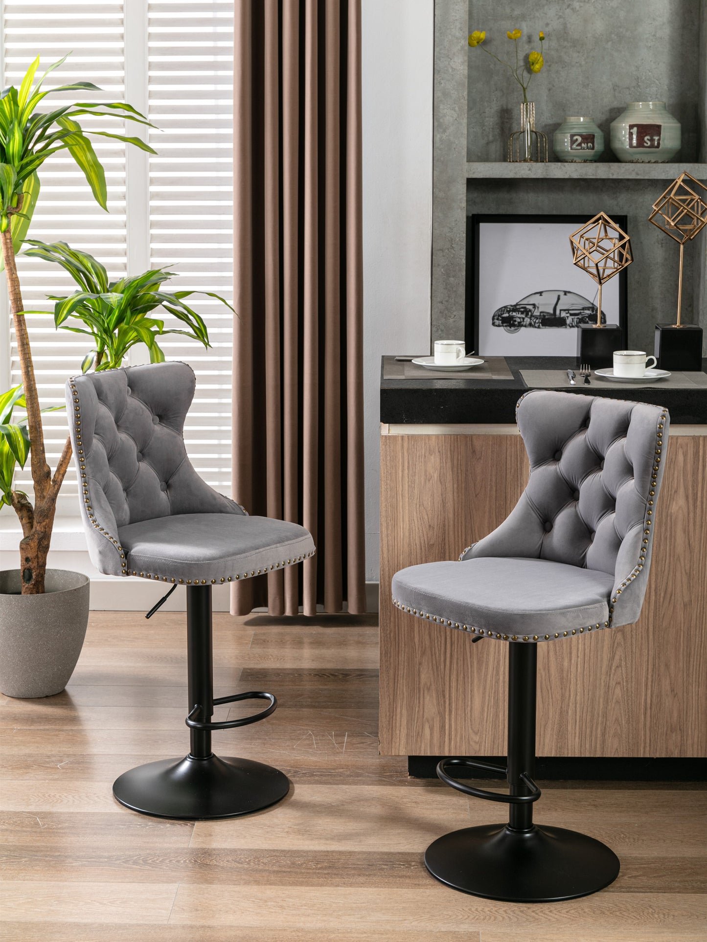 Gray,Set of 2 25-33 Inch,17.7 inch base, Modern Upholstered Bar Stools with Backs Comfortable Tufted for Home Pub and Kitchen